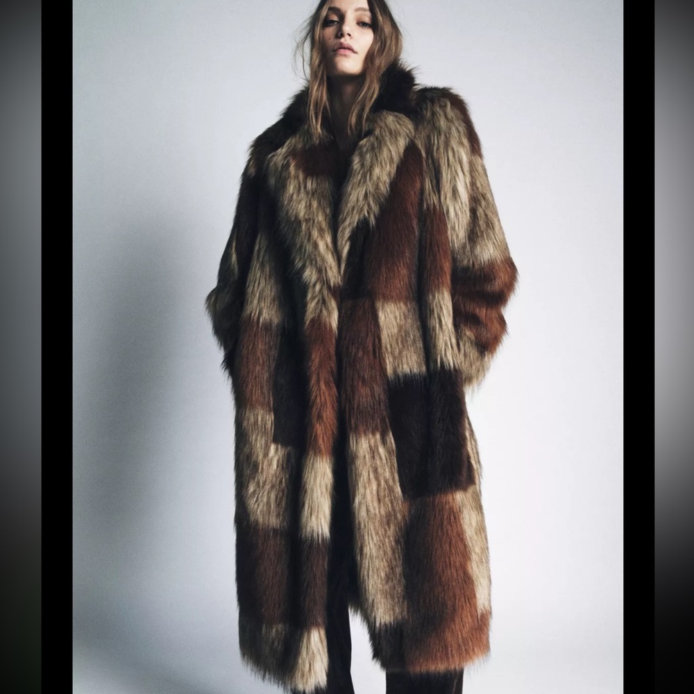 ZARA Patchwork Faux Fur Long Coat Brown Beige Statement Jacket -NWT